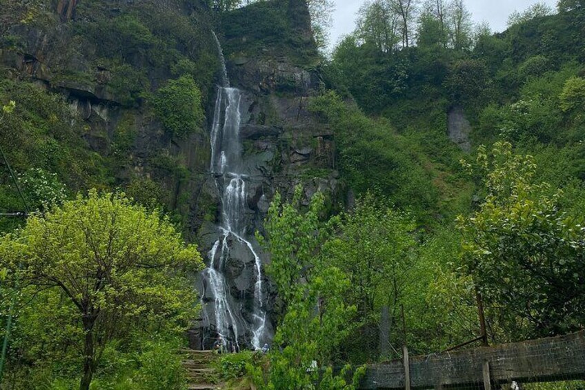 A waterfall cascading down a rocky cliff surrounded by lush greenery. 5