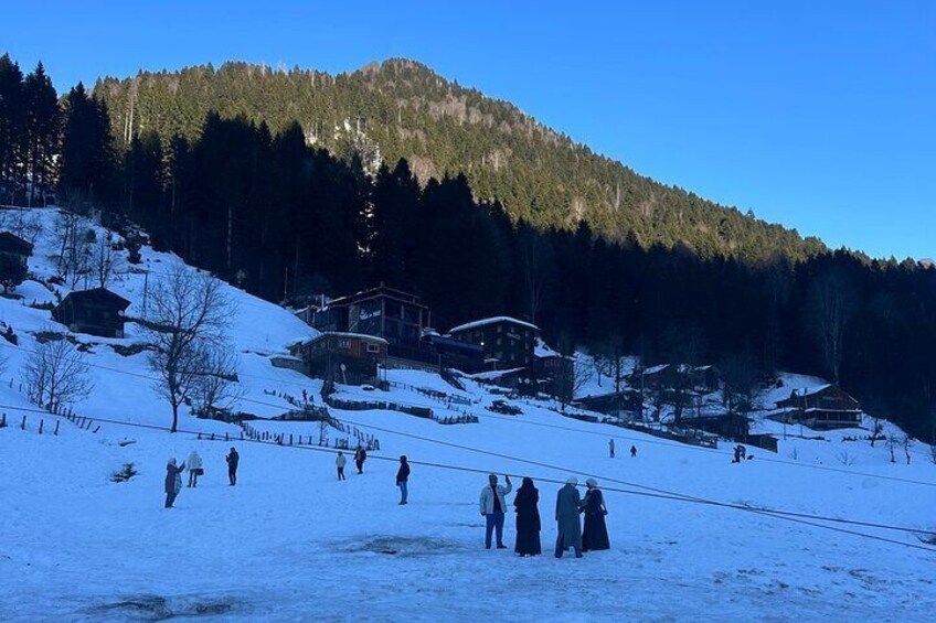 A snowy mountain landscape with a ski slope, a wooden cabin, and a forested hill. 4
