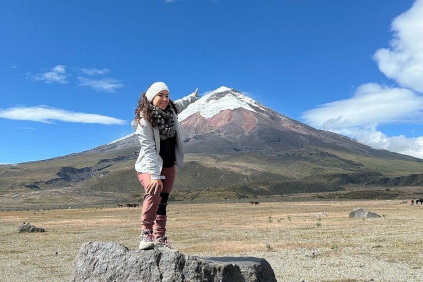 A person standing on a rock with a mountain in the background. 1