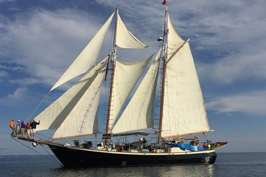 Un velero con varias velas, una tripulación en cubierta y un mar en calma. 3
