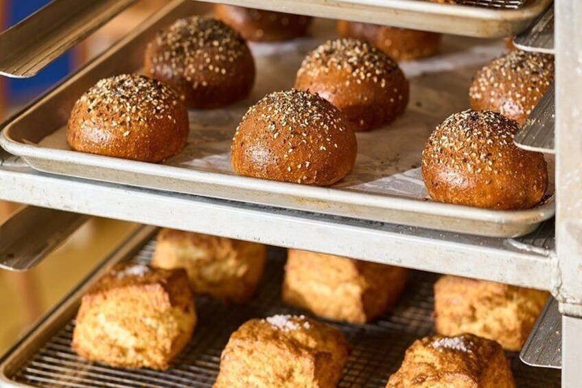 Baked goods on trays in an oven. 2