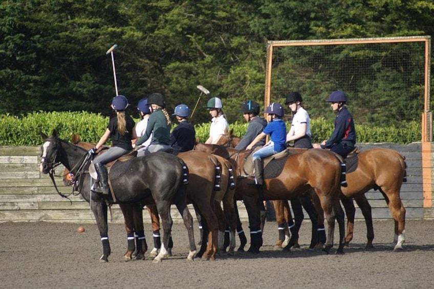 A group of people on horseback lined up on a paved surface, with a goalpost in the background. 5