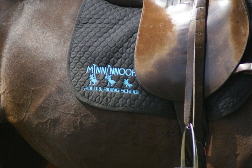 A saddle pad with 'MINN INN OHIO POLO & RIDING SCHOOL' text and logo. 2