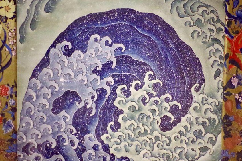 A traditional Japanese wave pattern painting with intricate details and a starry night sky. 3
