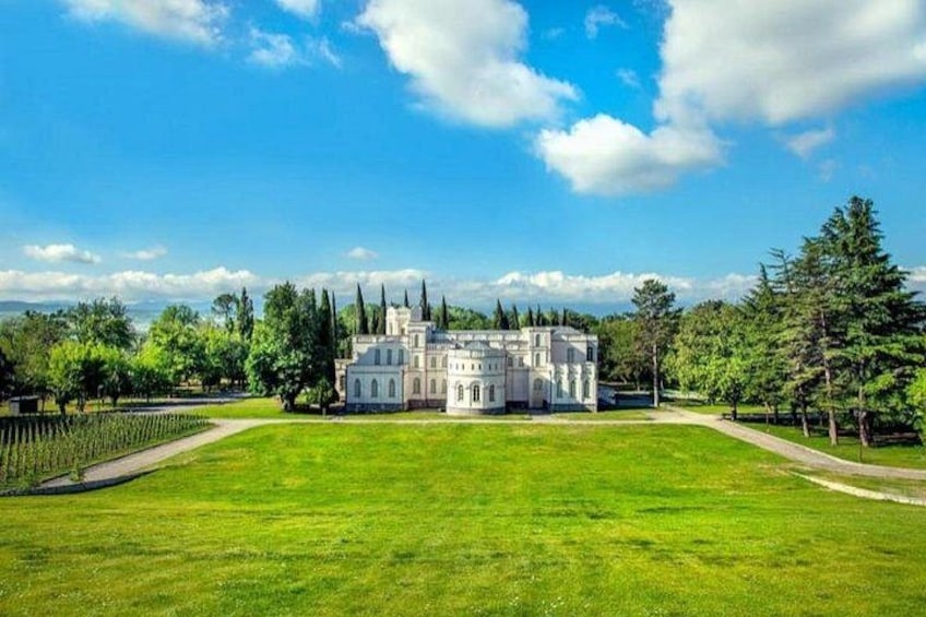 Un grande edificio bianco con una facciata simmetrica, immerso in un prato curato e alberato. 1