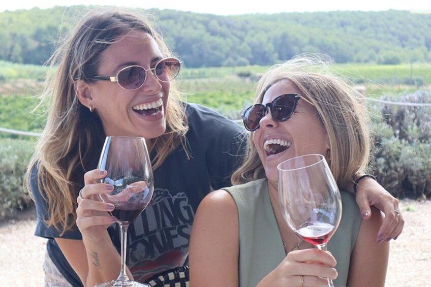 Due persone che sorseggiano vino con un vigneto sullo sfondo. 5