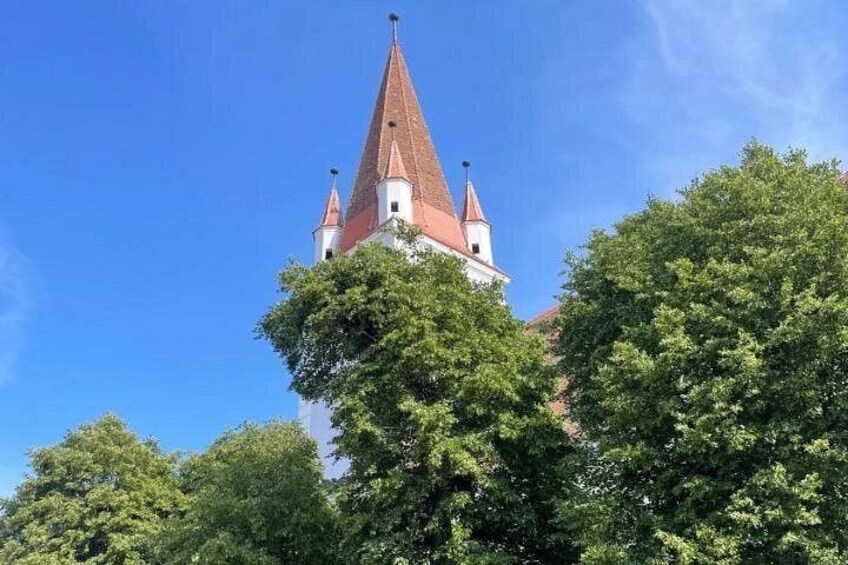 A church with a tall spire, surrounded by lush green trees. 4