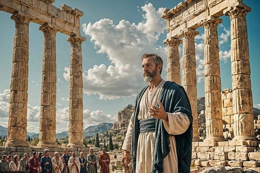 Ancient Greek columns, a man in traditional attire, and a group of people in historical clothing. 2