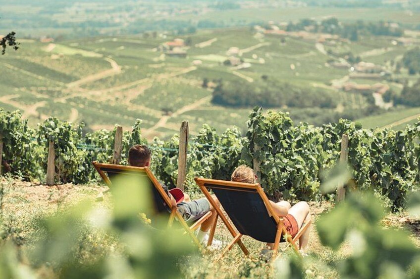 Two people reclining on chairs overlooking a vineyard. 3