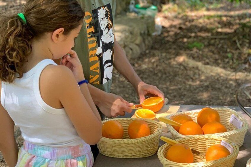 Une personne est en train d’éplucher une orange, et plusieurs paniers remplis d’oranges sont posés sur une table. 4