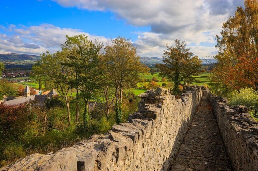 A stone pathway leading through a stone wall, surrounded by trees and a distant view of a village. 3