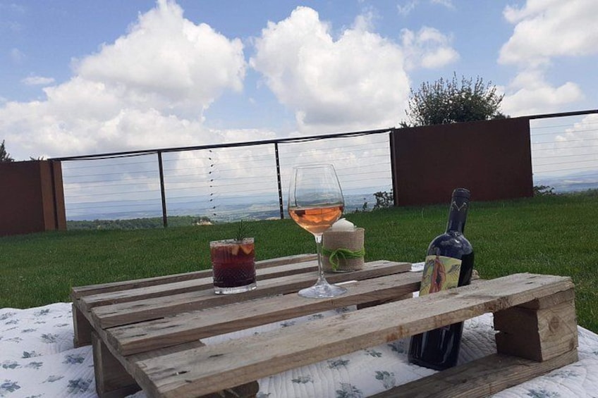 Una mesa de madera con una botella de vino, una copa de vino y un vaso de té helado sobre una manta. 5