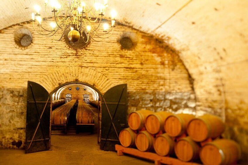 A wine cellar with wooden barrels and a chandelier. 4