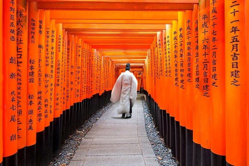 En person går genom en allé av orangefärgade torii-portar, prydda med japanska inskriptioner. 1