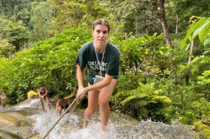 A person wading through a shallow stream in a lush, green forest. 5