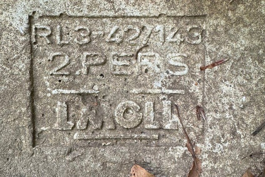 Ein verwitterter Stein mit eingekerbten Schriftzügen und Symbolen, möglicherweise eine alte Inschrift oder Wegmarkierung. 3