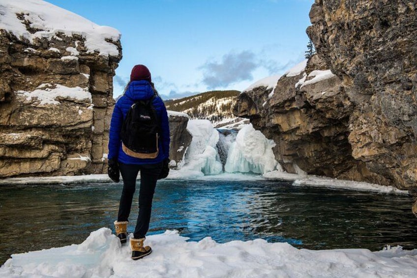 Una persona in piedi su una sporgenza ricoperta di neve, che osserva una cascata. 2
