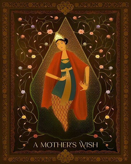 Ilustración estilizada de una mujer con un abrigo rojo con motivos florales y el texto 'A Mother's Wish' en la parte inferior. 3