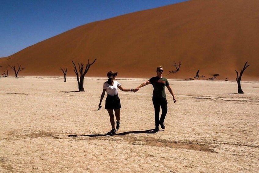 Two people walking on a desert with sand dunes and sparse vegetation. 1