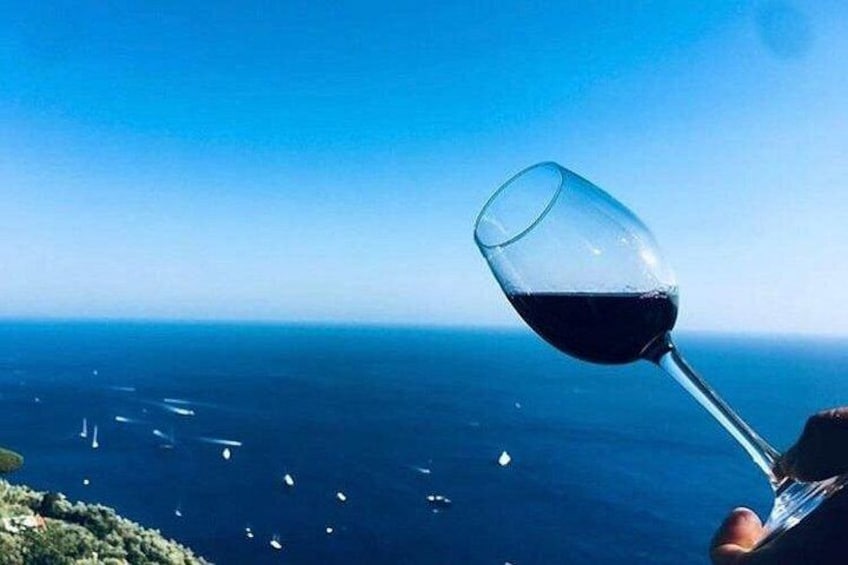 Una copa de vino tinto frente al mar, con barcos a lo lejos. 1