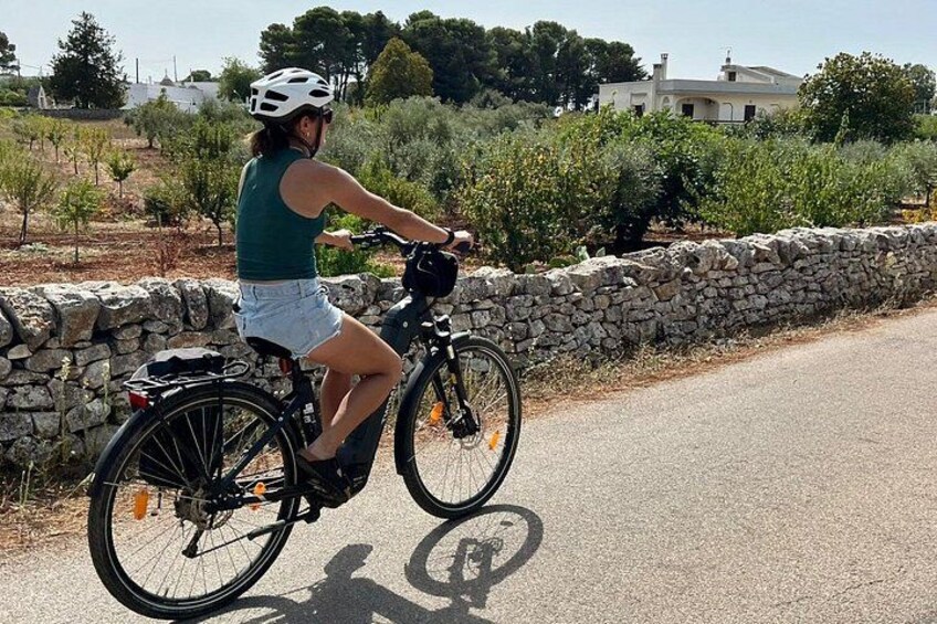 A person riding a bicycle on a paved road with a stone wall on one side and greenery in the background. 4