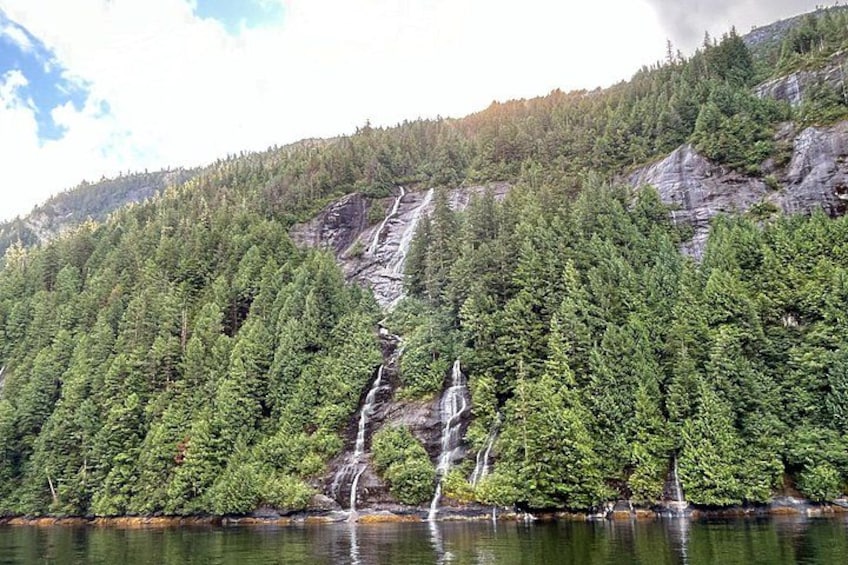 Una montagna ricoperta di bosco con cascate. 2