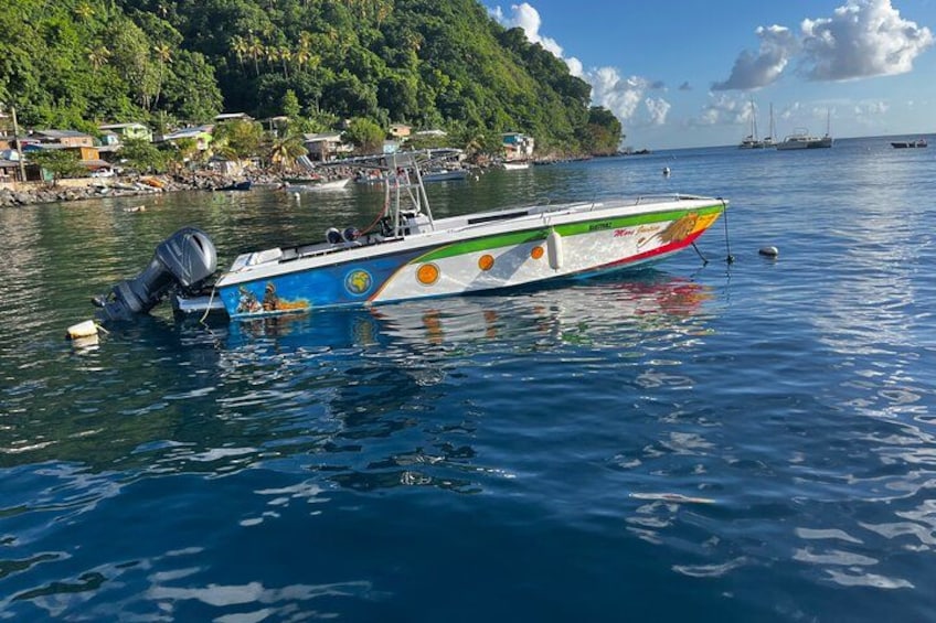 A blue and white boat with a colorful design, floating on calm water near a coastal village with houses and boats in the background. 2