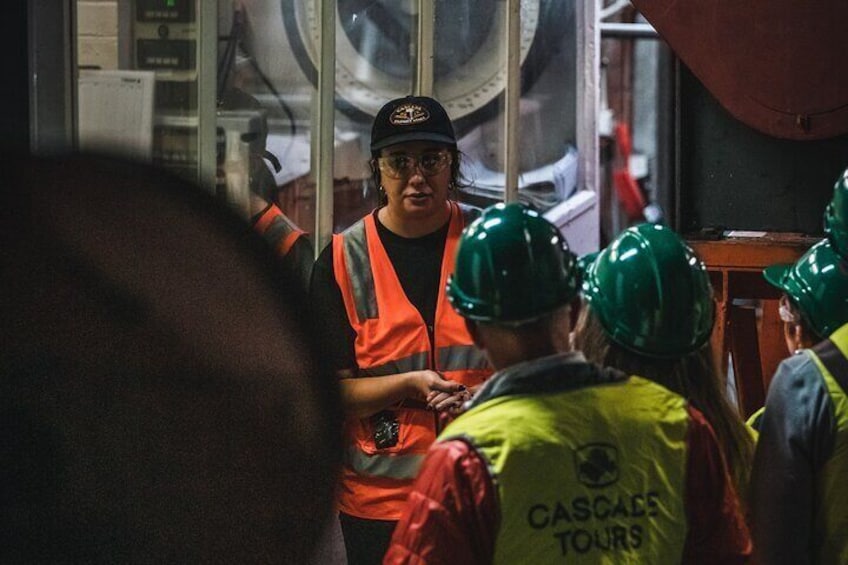 A group of people in safety vests and hard hats in an industrial setting. 1