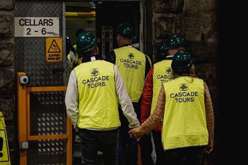 Des personnes portant des gilets jaunes avec l’inscription « Cascade Tours » dans le dos marchent près d’une porte portant l’inscription « Caves 2 à 6 ». 4