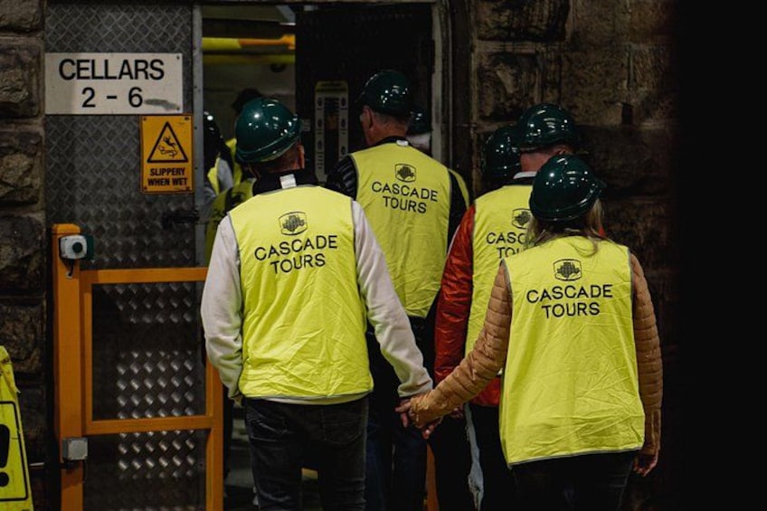 A group of people wearing yellow vests with 'Cascade Tours' on the back, standing in front of a door labeled 'Cellars 2-6'. 4
