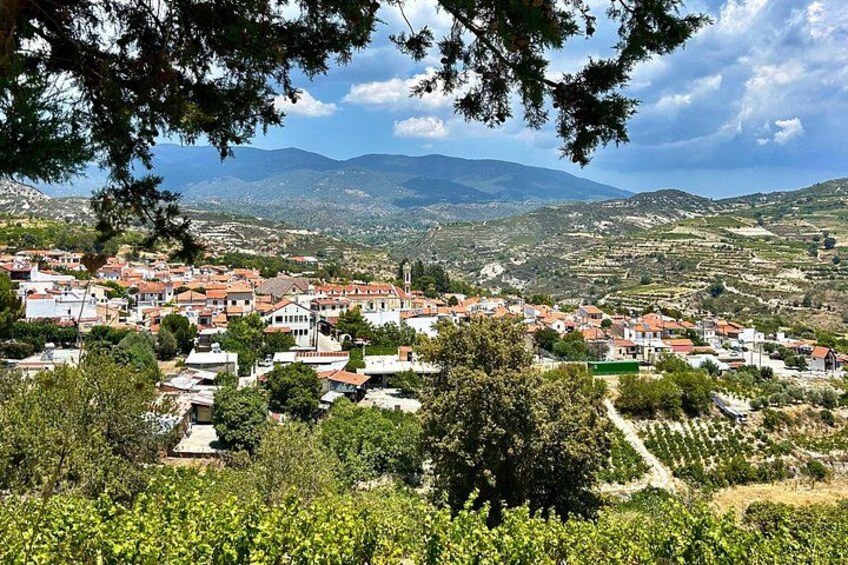 Une ville aux bâtiments aux toits rouges, entourée de vignobles et dominée par des montagnes en arrière-plan. 2