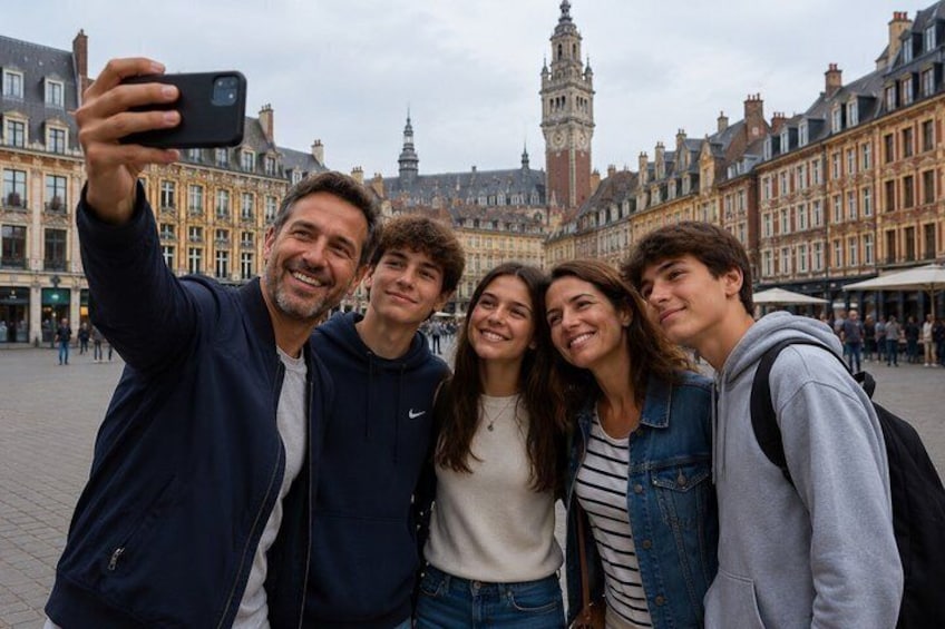 A group of people taking a selfie in a historic square with buildings and a clock tower in the background. 2
