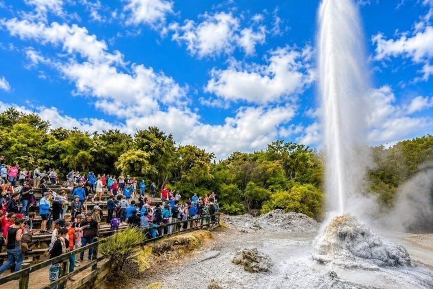 Une foule observe un geyser, avec des arbres et un ciel dégagé en arrière-plan. 2