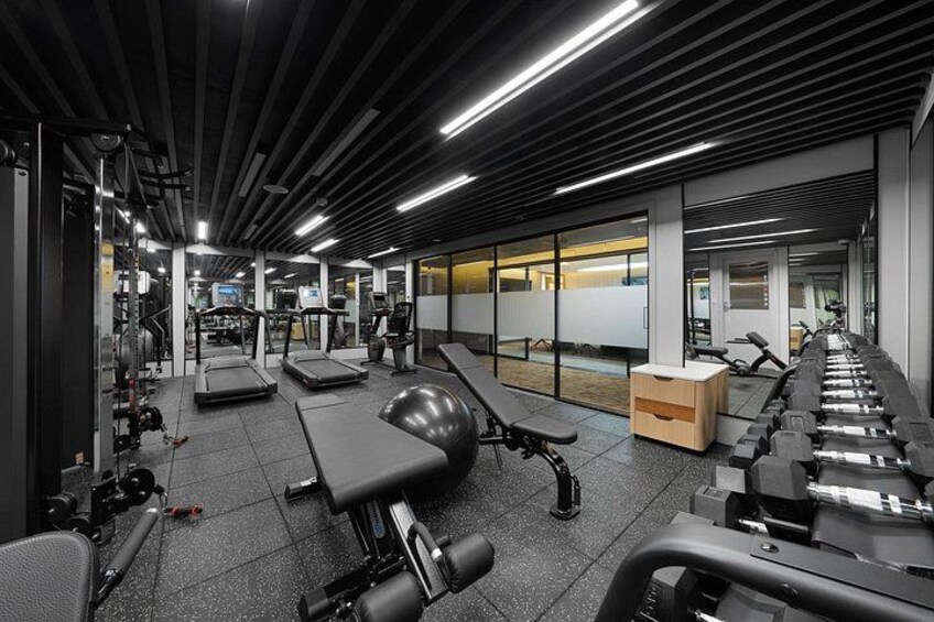 A modern gym with treadmills, weight machines, and exercise balls. 5