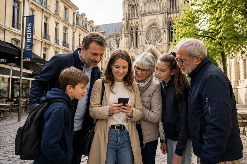 Un grupo de personas de pie en una calle adoquinada, mirando un teléfono inteligente. 3