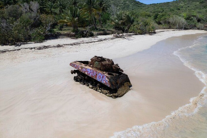 Un carro armato su una spiaggia sabbiosa, con una foresta sullo sfondo. 3