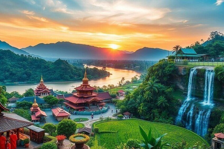 A temple complex with a waterfall, lush greenery, and a river. 4