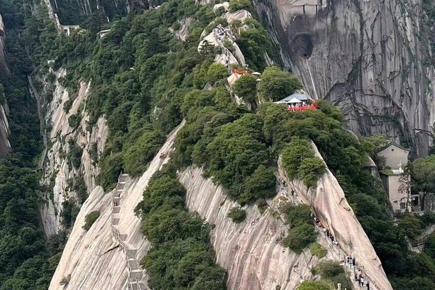 Montaña empinada con una escalera, vegetación densa y un edificio pequeño. 5