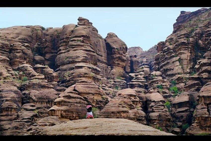 A rocky canyon with layered rock formations and a person standing on a flat rock. 2