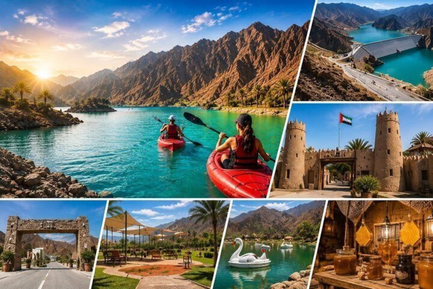 A mountainous landscape with a turquoise lake, a castle, a bridge, and a traditional house. 1
