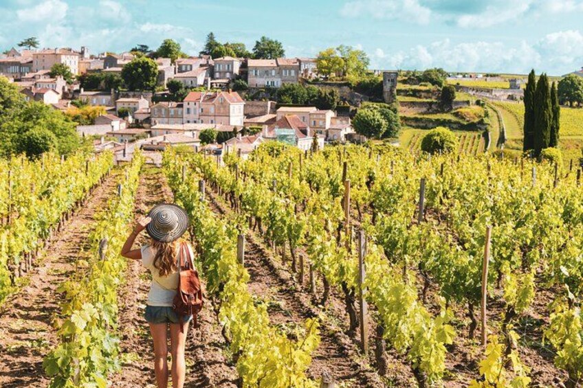 A vineyard with rows of grapevines, a woman in a hat, and a town in the background. 1