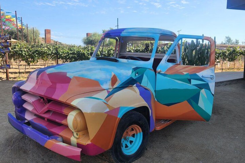 Ein farbenfrohes, polygonal geformtes Auto, geparkt in einem Weinberg. 2