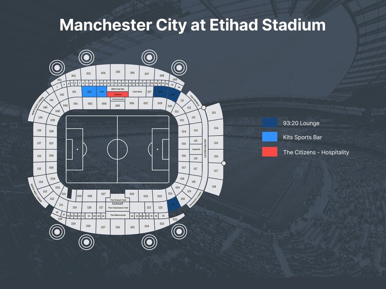 A stadium seating map with sections like 93:20 Lounge, Kits Sports Bar, and The Citizens - Hospitality. 3