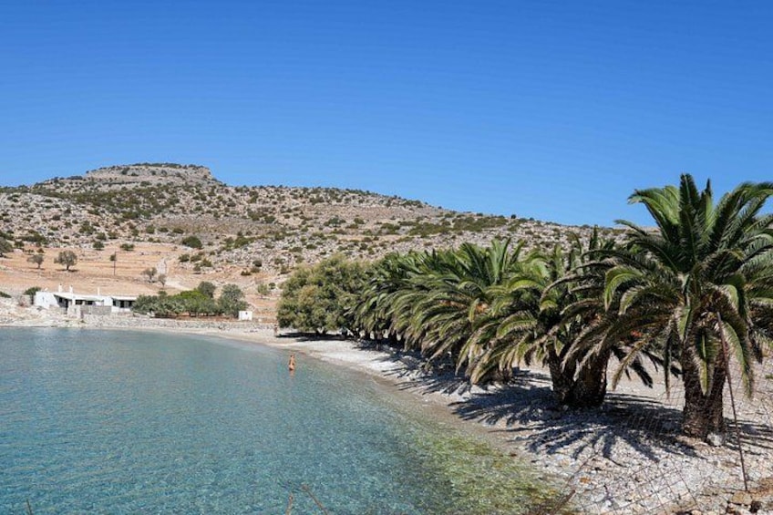 A clear blue sea, a sandy beach, palm trees, and a rocky hill in the background. 4