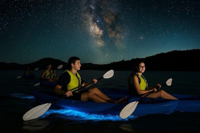 People kayaking at night with a starry sky and the Milky Way visible. 1