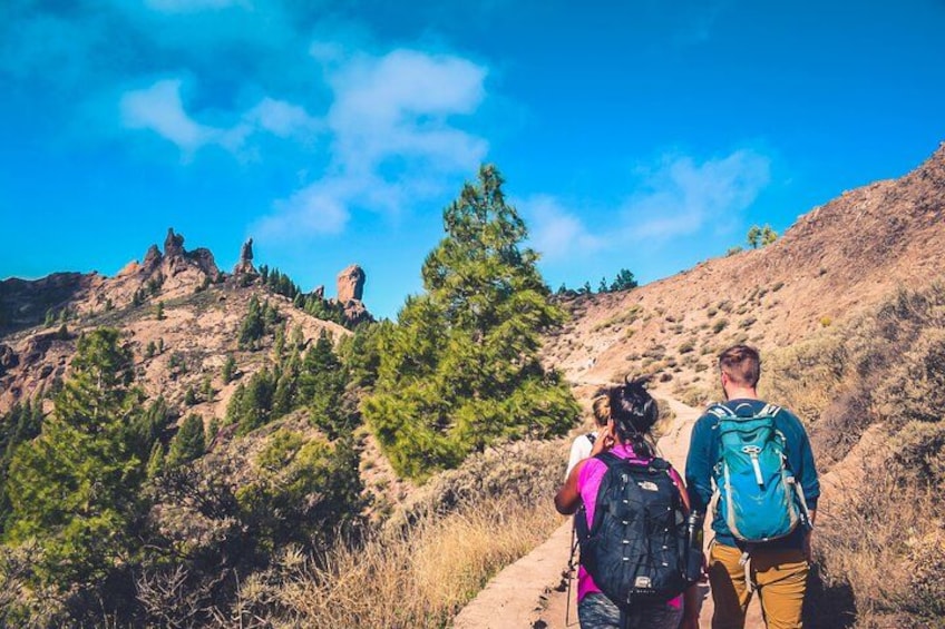 Two hikers on a trail with a mountainous backdrop. 3