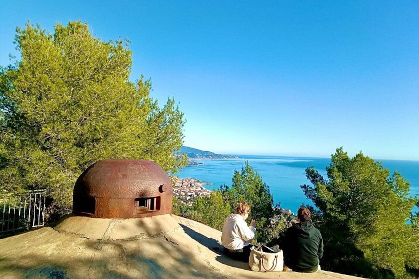 A coastal landscape with a rustic structure, trees, and a clear view of the sea. 3