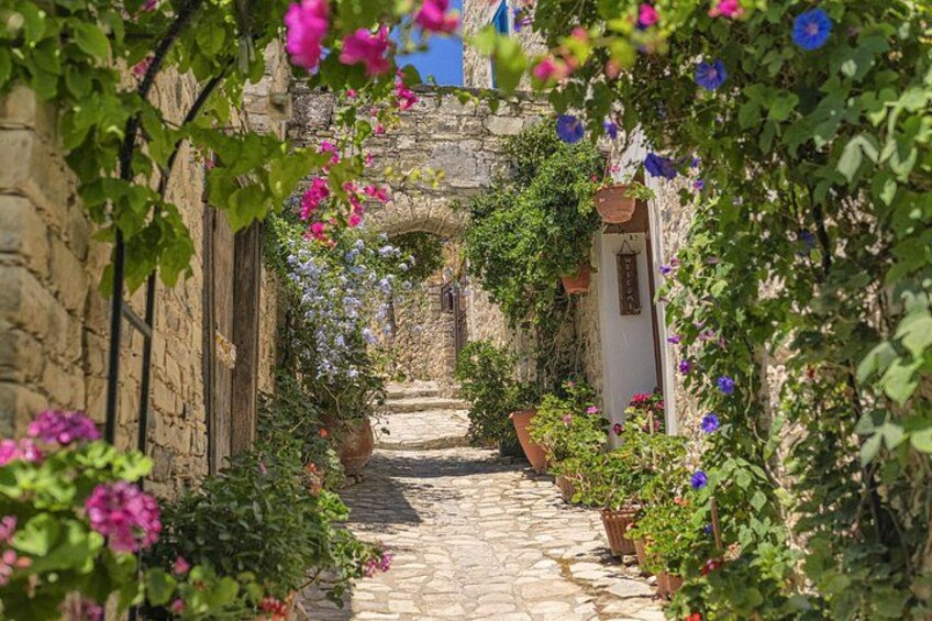 A stone pathway flanked by flowering plants and a stone archway. 2