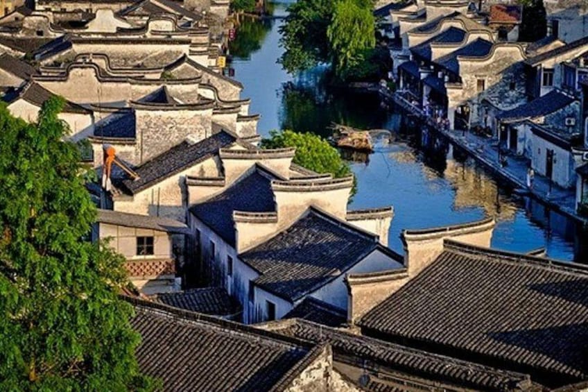 Traditional buildings along a river, with a person on a roof and a tree in the foreground. 1
