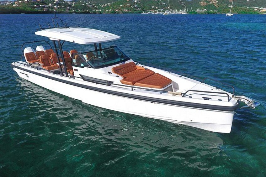 Een witte motorboot met een afdak, bruine stoelen en een achtergrond van helderblauw water. 5